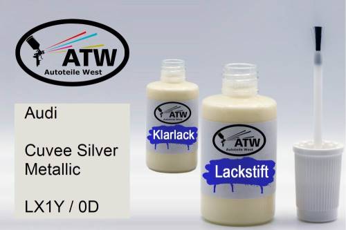 Audi, Cuvee Silver Metallic, LX1Y / 0D: 20ml Lackstift + 20ml Klarlack - Set, von ATW Autoteile West.